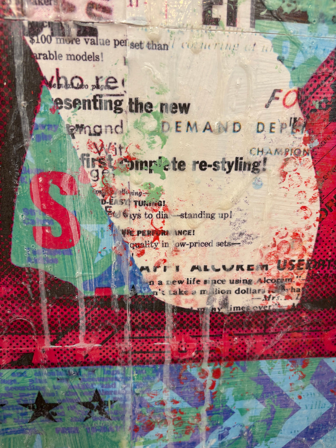 All Out Performance by Jon Davenport — angled detail of Neo-Pop mixed media painting showing vintage newspaper clipping collage with paint drips over red and green tones