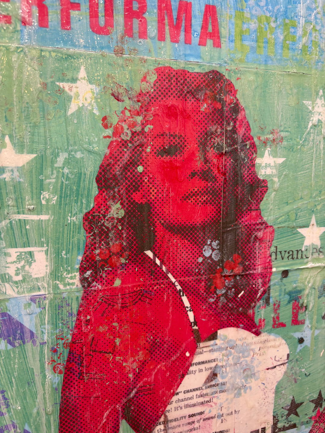 All Out Performance by Jon Davenport — close-up detail of Neo-Pop mixed media painting showing a red-toned figure&