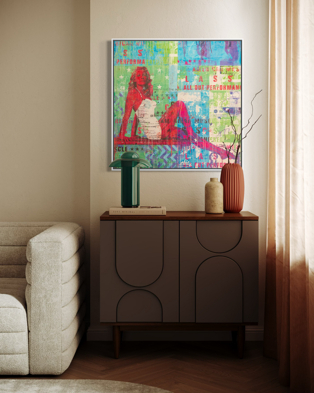 All Out Performance by Jon Davenport — in-situ installation view of Neo-Pop mixed media painting displayed above a wooden cabinet in a cozy living room corner