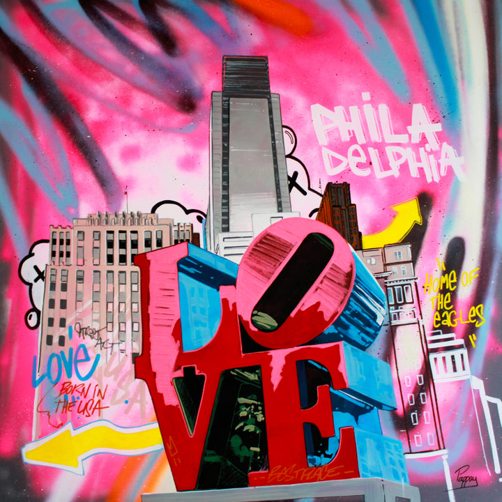 vibrant graphic illustration philadelphia love park sign buildings landscape graffiti marker in pink bold letters 