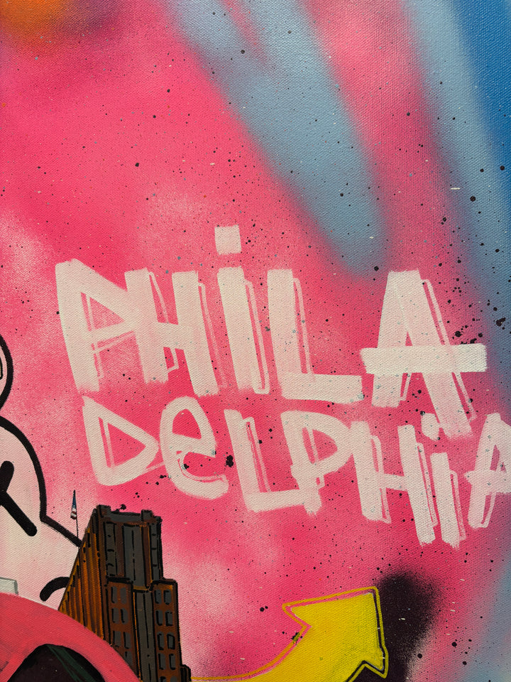 vibrant graphic illustration philadelphia love park sign buildings landscape graffiti marker in pink bold letters 
