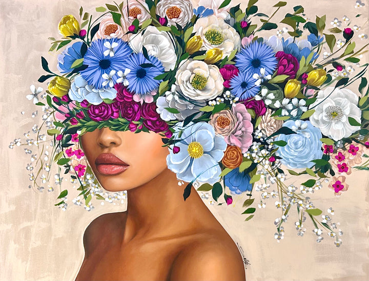 48"W x 36"H Acrylic portrait on canvas. Woman with her face and hair covered by blue, white and pink flowers on a cream background.