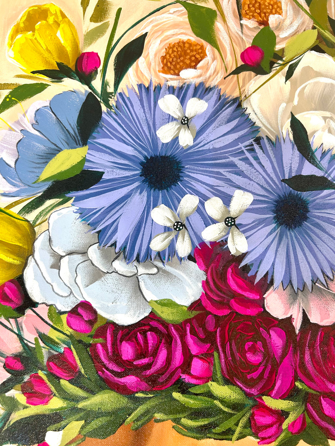 48"W x 36"H Acrylic portrait on canvas. Woman with her face and hair covered by blue, white and pink flowers on a cream background.
