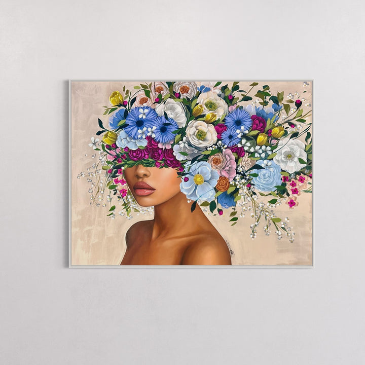 48"W x 36"H Acrylic portrait on canvas. Woman with her face and hair covered by blue, white and pink flowers on a cream background.