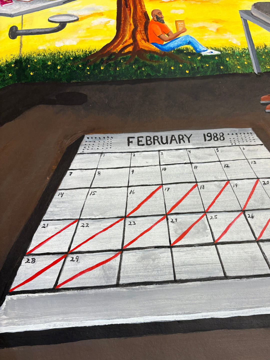 prisoner figure sitting on bed in cell with large calendar and tree growing on the outside in bright yellow and green acrylic