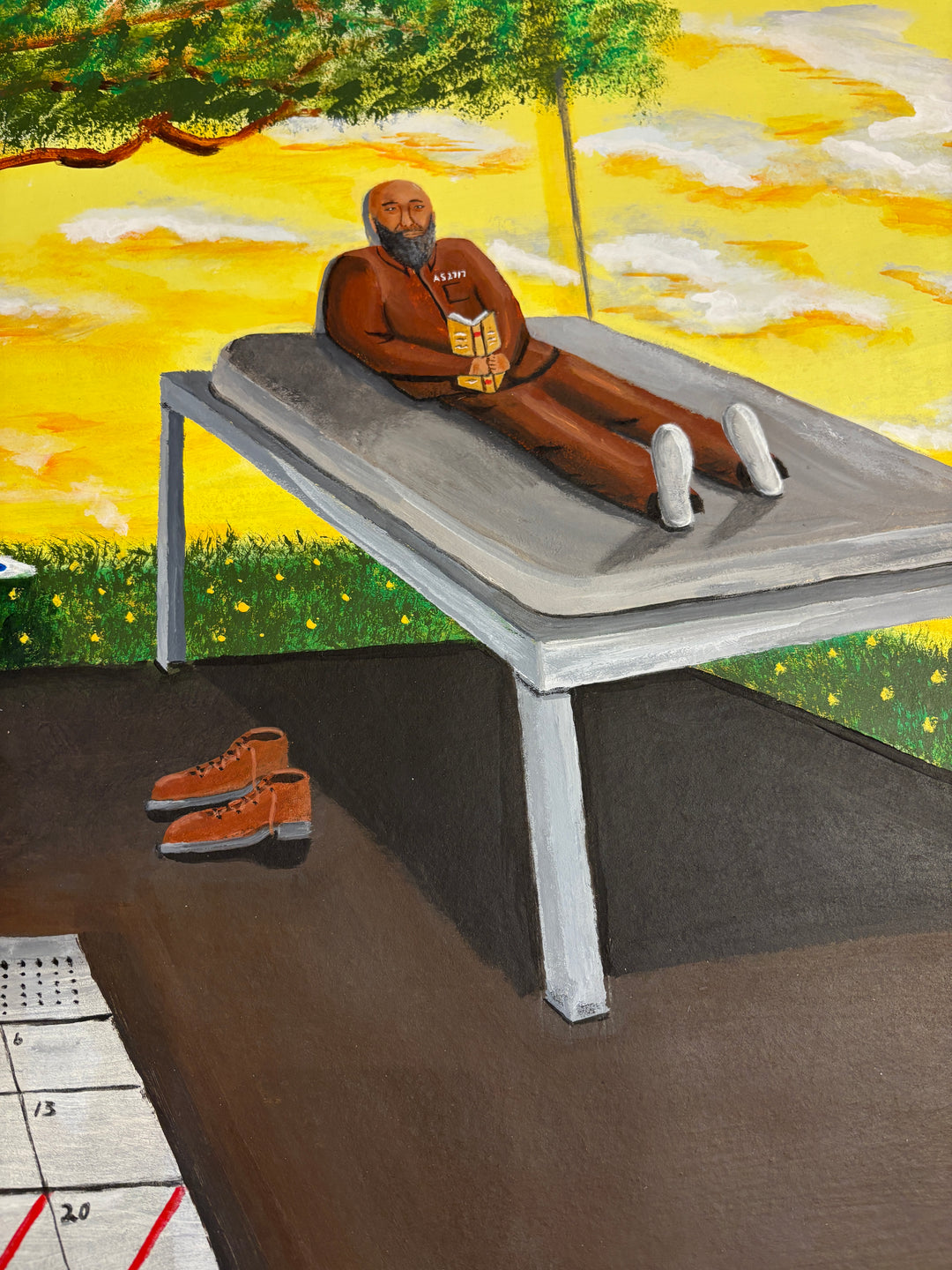 prisoner figure sitting on bed in cell with large calendar and tree growing on the outside in bright yellow and green acrylic