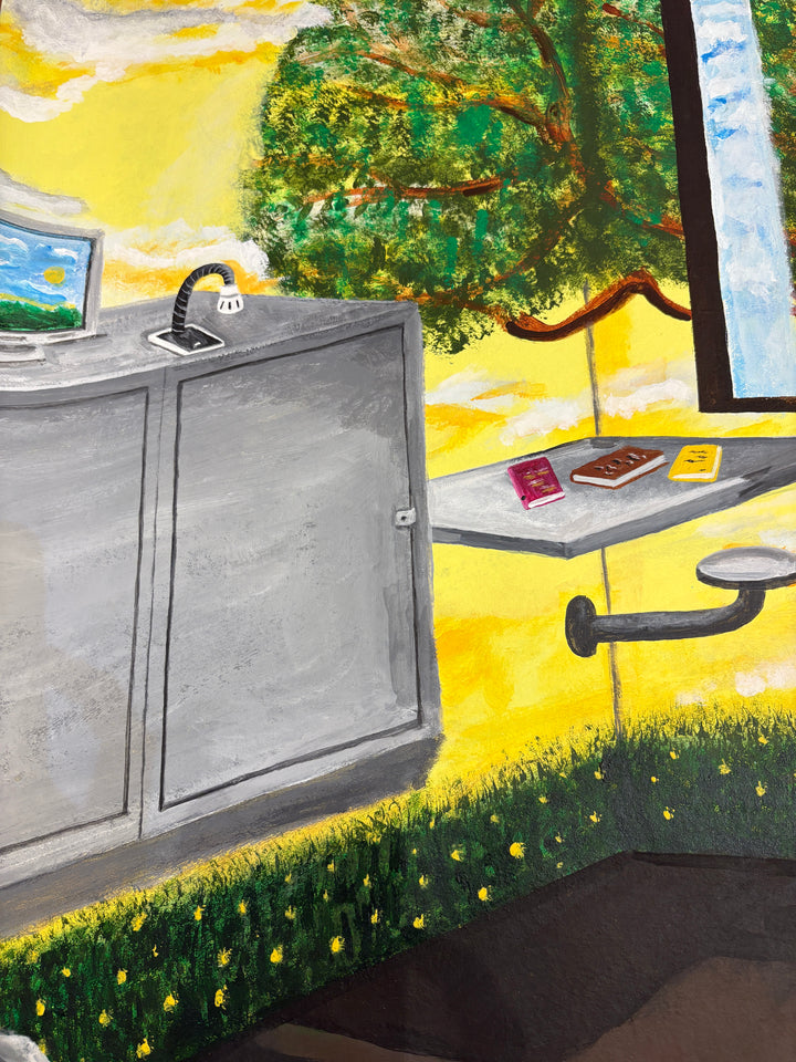 prisoner figure sitting on bed in cell with large calendar and tree growing on the outside in bright yellow and green acrylic