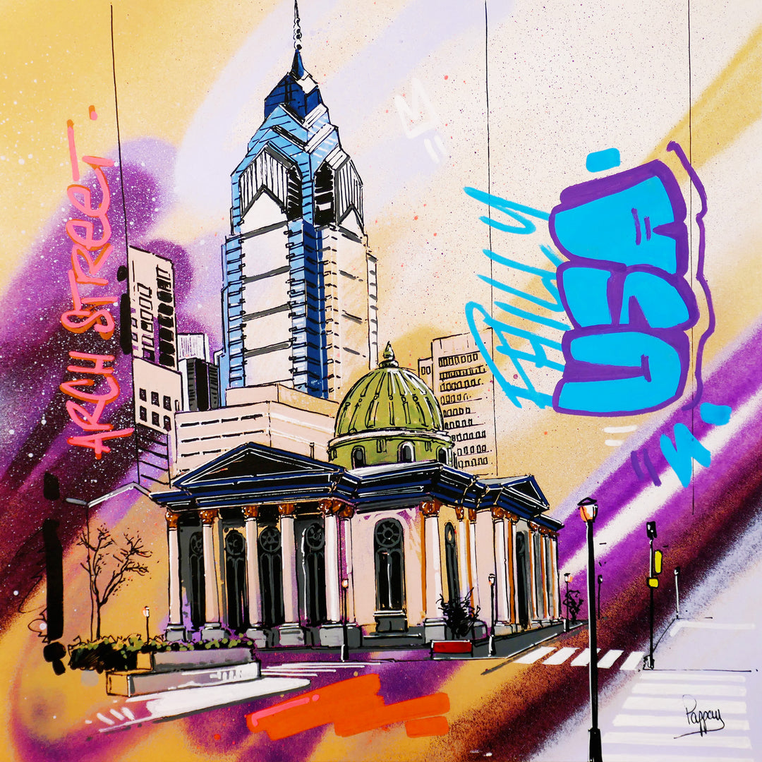 arch street philadelphia corner buildings skyscrapers graffiti spray paint in purple and orange usa text