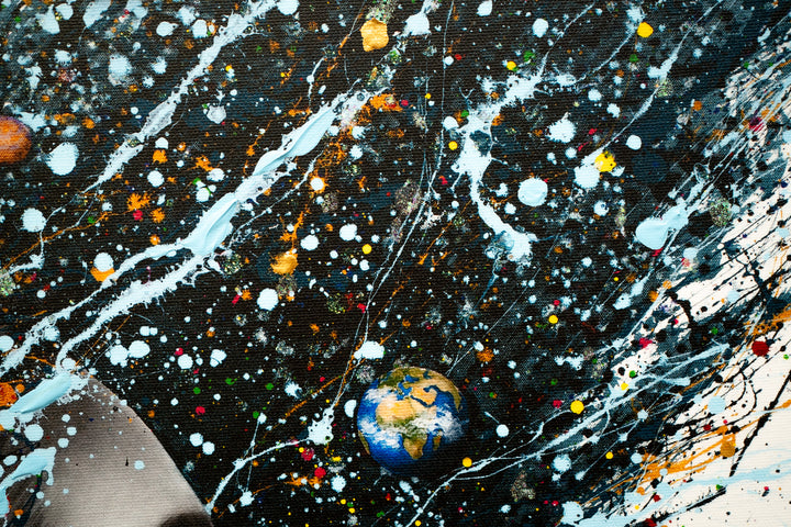 realistic woman flipping hair with headphones musical splatter expressionist painting portrait black and white planets blue on white background