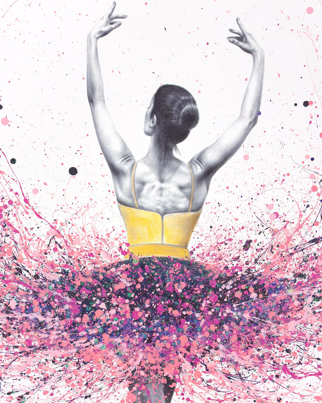 turning ballerina woman female figure in black and white wearing paint splatter acrylic tutu in pink and purple on white background