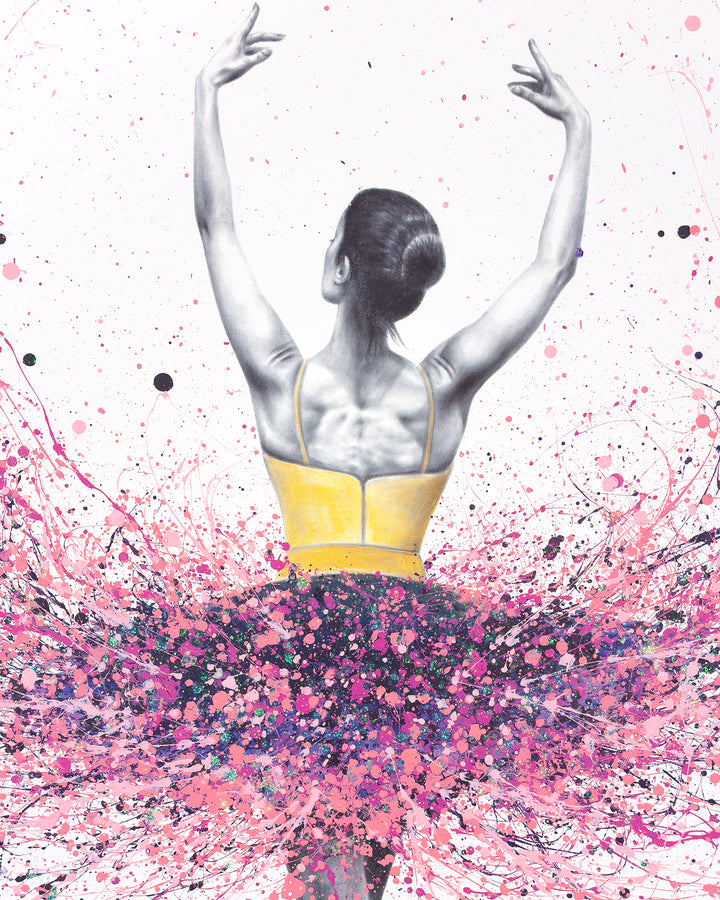 turning ballerina woman female figure in black and white wearing paint splatter acrylic tutu in pink and purple on white background