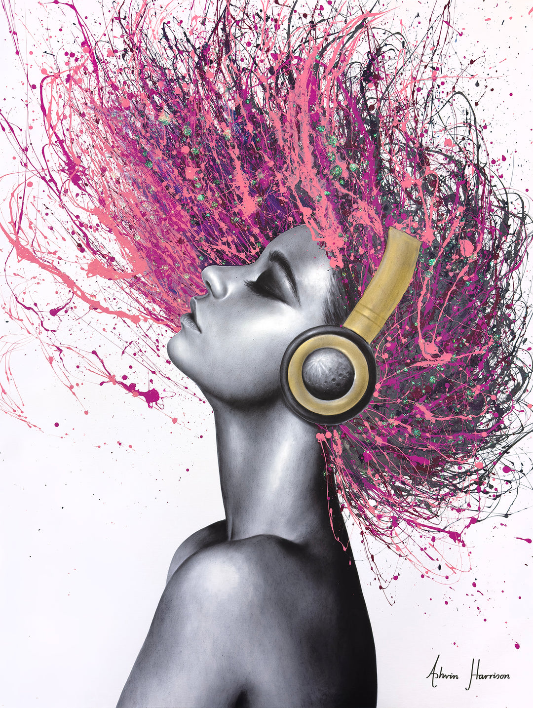 woman profile side view portrait in black and white with hair flipping back with pink acrylic splashes and glitter moon headphones acrylic paint expressionism