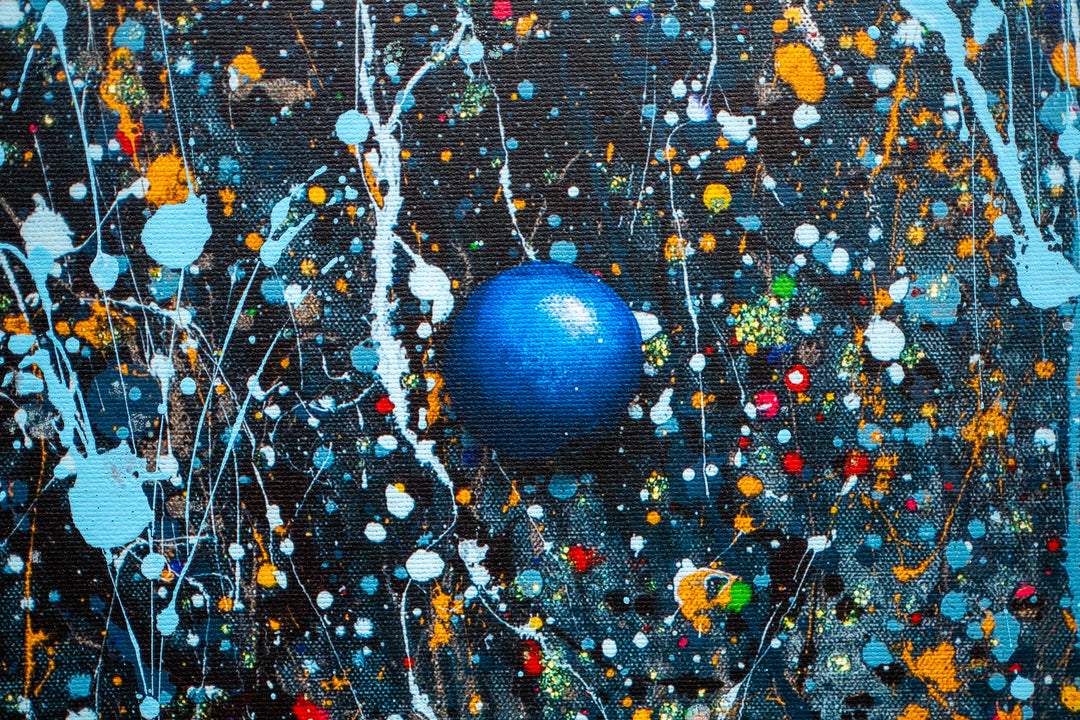 Woman figure looking upwards with eyes closed, wearing headphones with blue splattered hair behind her flying upwards with planets floating around on white background