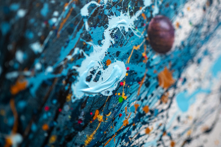 Woman figure looking upwards with eyes closed, wearing headphones with blue splattered hair behind her flying upwards with planets floating around on white background