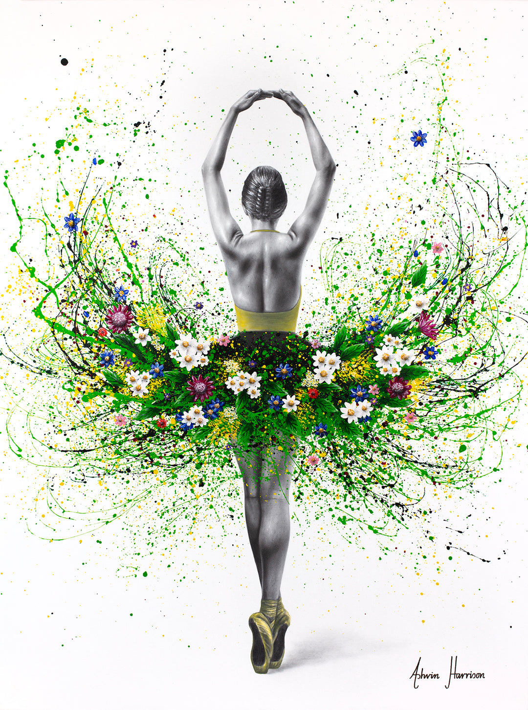 black and white ballerina dancer with arms up and green paint splatter tutu with flowers in blue pink and white on white background