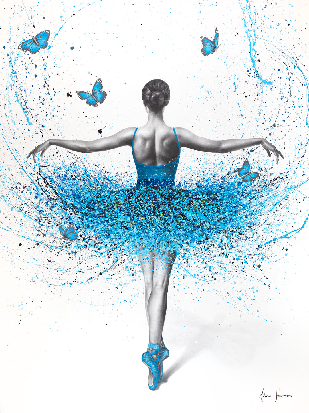 ballerina woman posing from back on tip toes and arms spread, black and white figure with blue splatter paint tutu dress and blue butterflies on white background