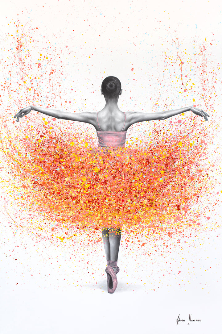 black and white realism ballerina figure posing with pink yellow red and orange paint splatter tutu on white background