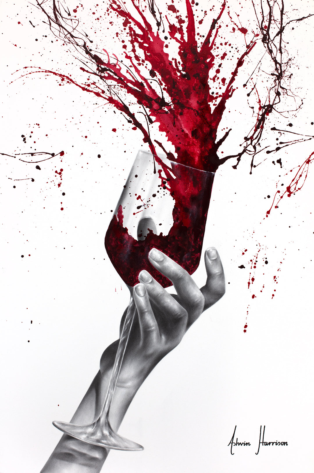 black and white hand holding wine glass red paint splattering out of glass onto background red paint splatter