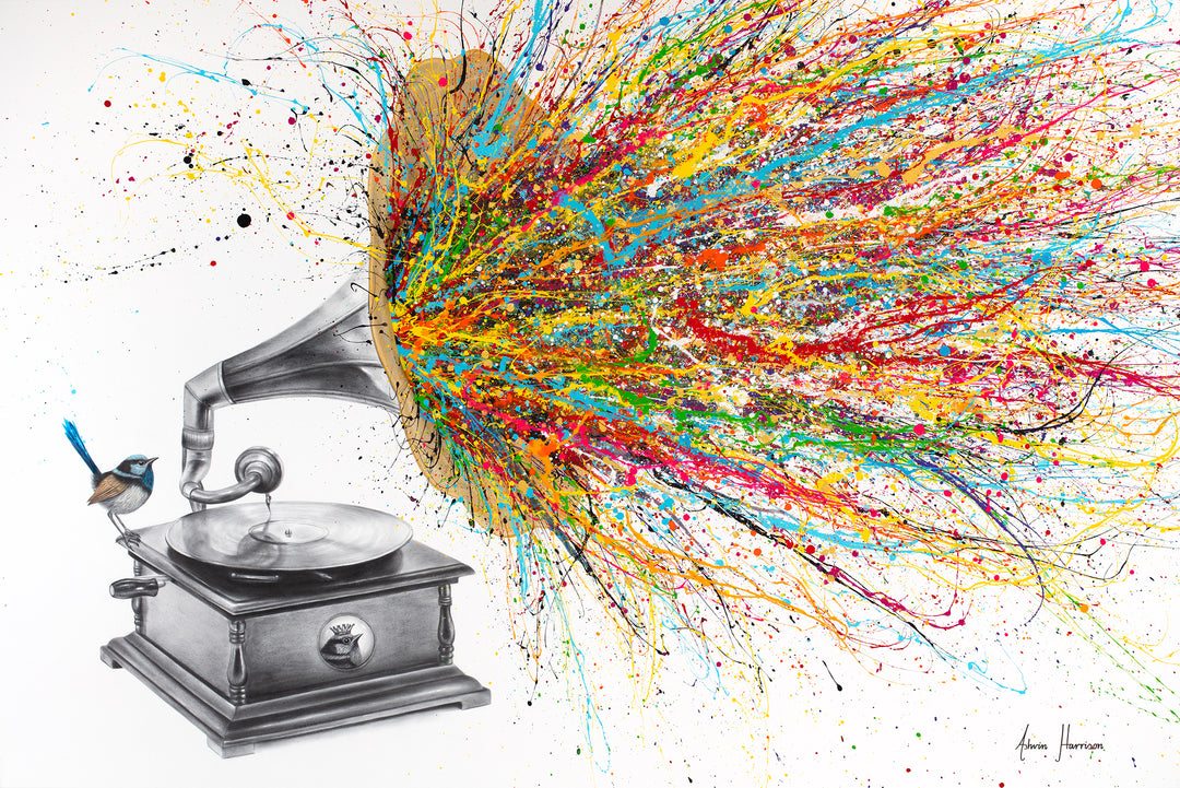 large gramophone music player with record vinyl and wren blue bird sitting on it with big gold speaker and rainbow paint splatters coimng out on white background