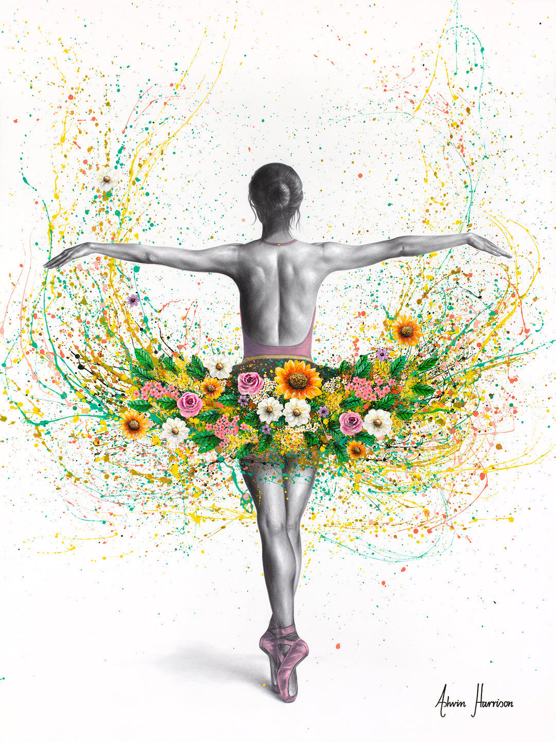 ballerina in black and white against white background with paint splatter tut in green with pink white and yellow flowers 