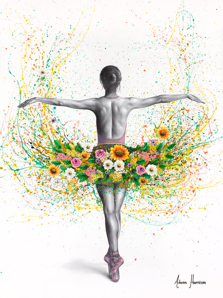 ballerina woman dancer back facing with tutu of flowers yellow pink and white with green flowers and yellow splattered paint on white background