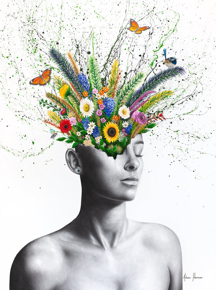 black and white woman figure face shattered with plants flowers and butterflies and bird growing and coming out of head splatter paint in background on white background