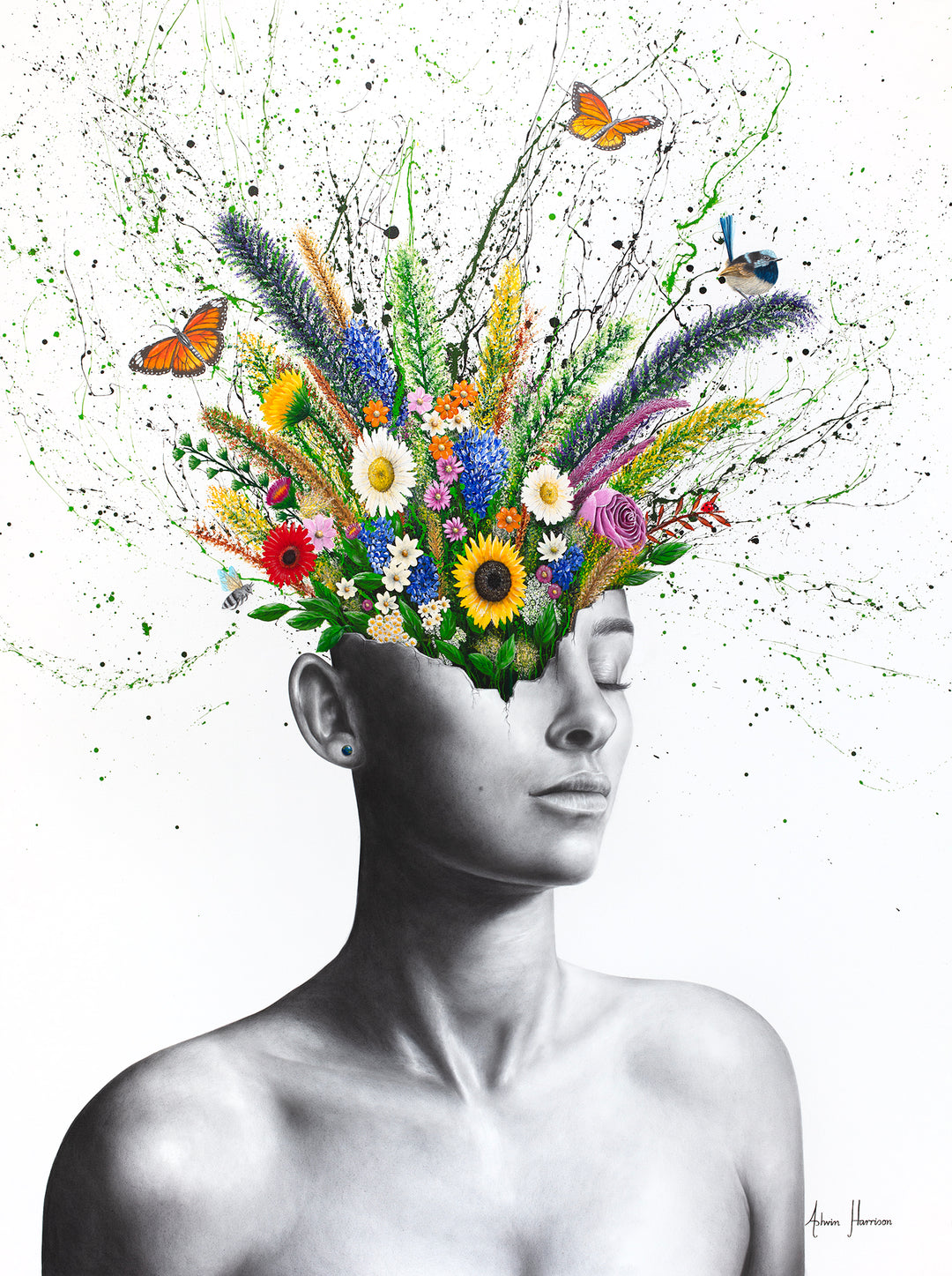 black and white woman figure head cracked open with plants leaves flowers butterflies bird bee coming out flying growing out of head and splatter paint on white background