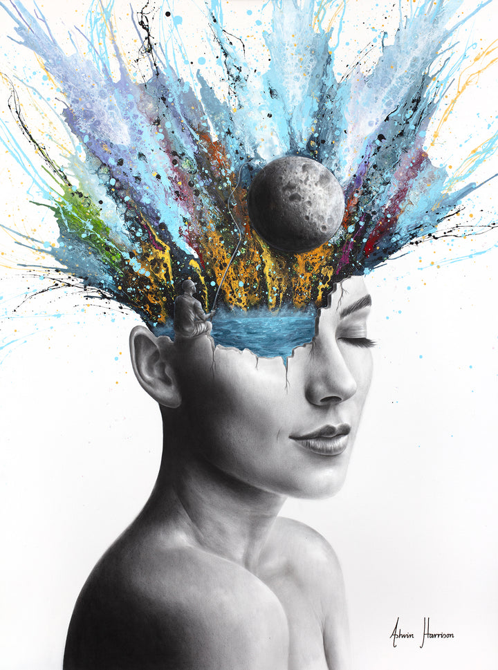 cracked open woman head in black and white filled with water, man finish splatter paint explosion out of her head, moon small floating above