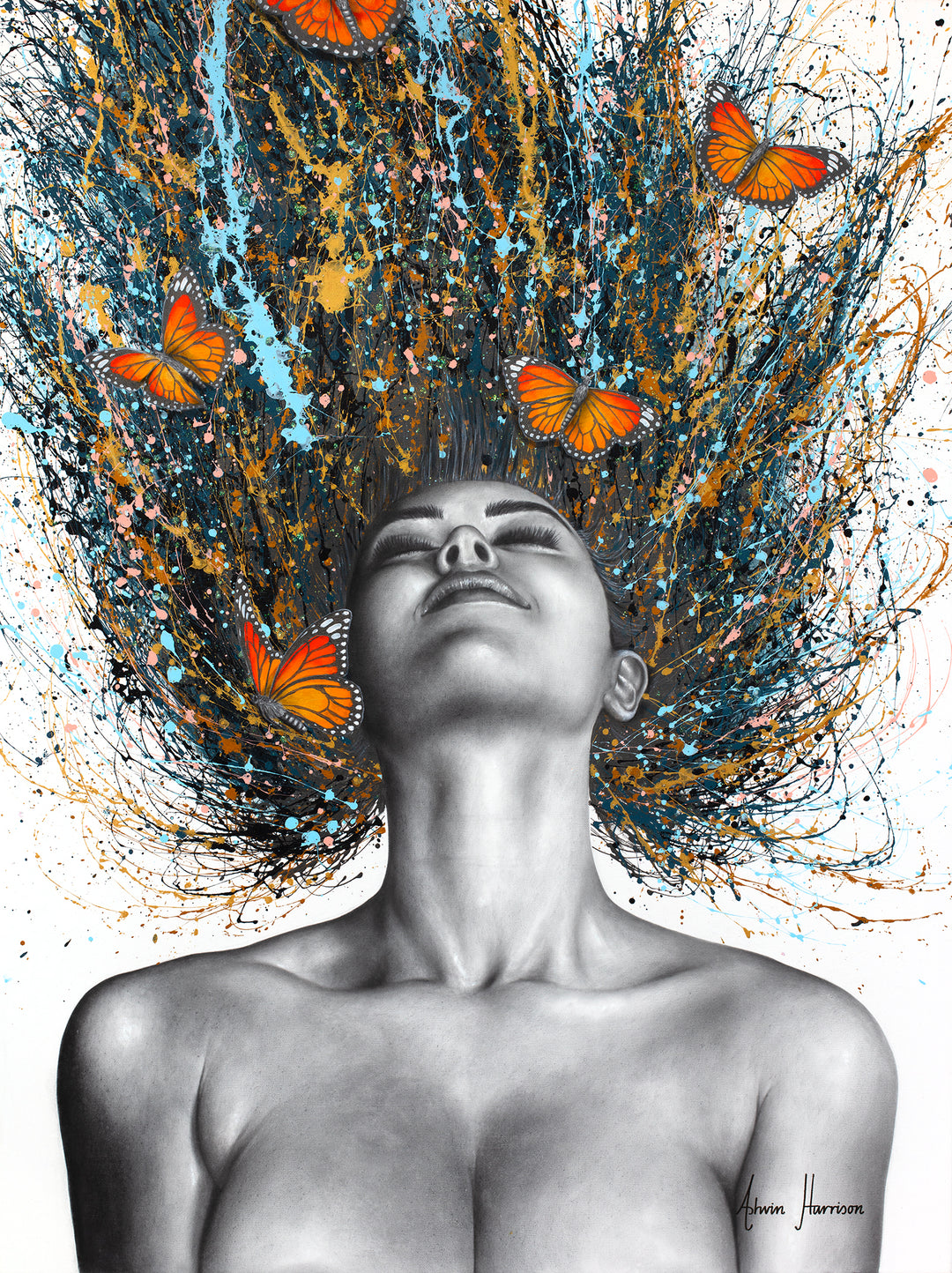 black and white woman flipping hair back with gold blue and black splatter paint, orange monarch butterflies in hair on white background