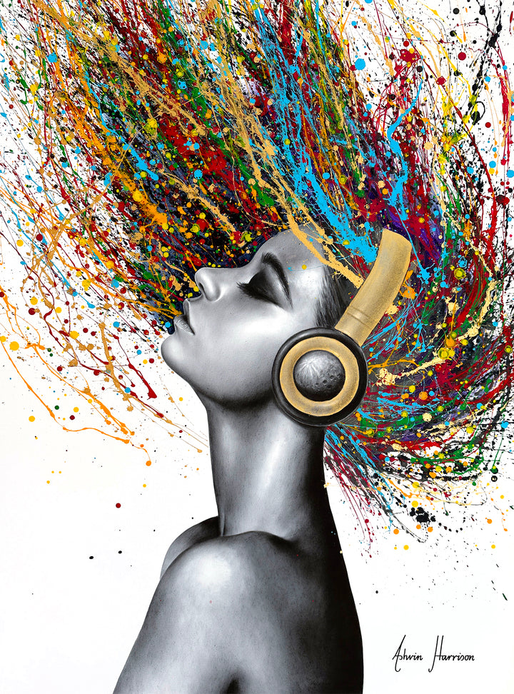 Beautiful woman wearing headphones, painted in black and white coconut charcoal with colorful splattered paint as hair
