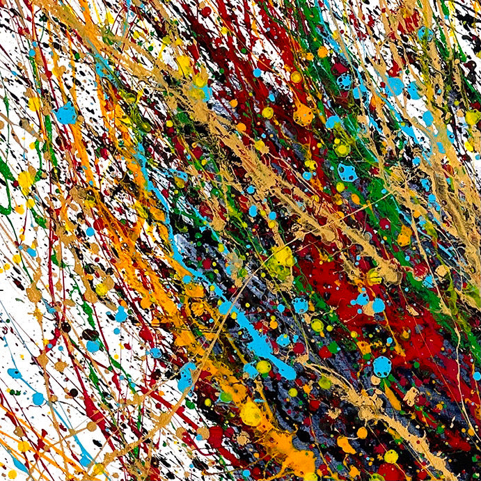 Beautiful woman wearing headphones, painted in black and white coconut charcoal with colorful splattered paint as hair