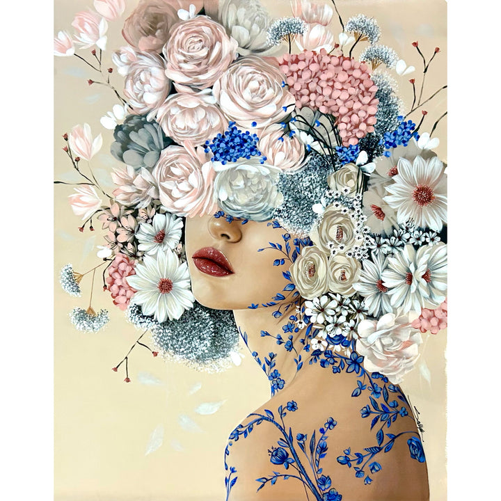 Audrey by Sally K. acrylic painting on canvas of a woman with blue floral tattoos and flowers surrounding her face. Light cream foreground, white, grey, blue and light pink flowers.