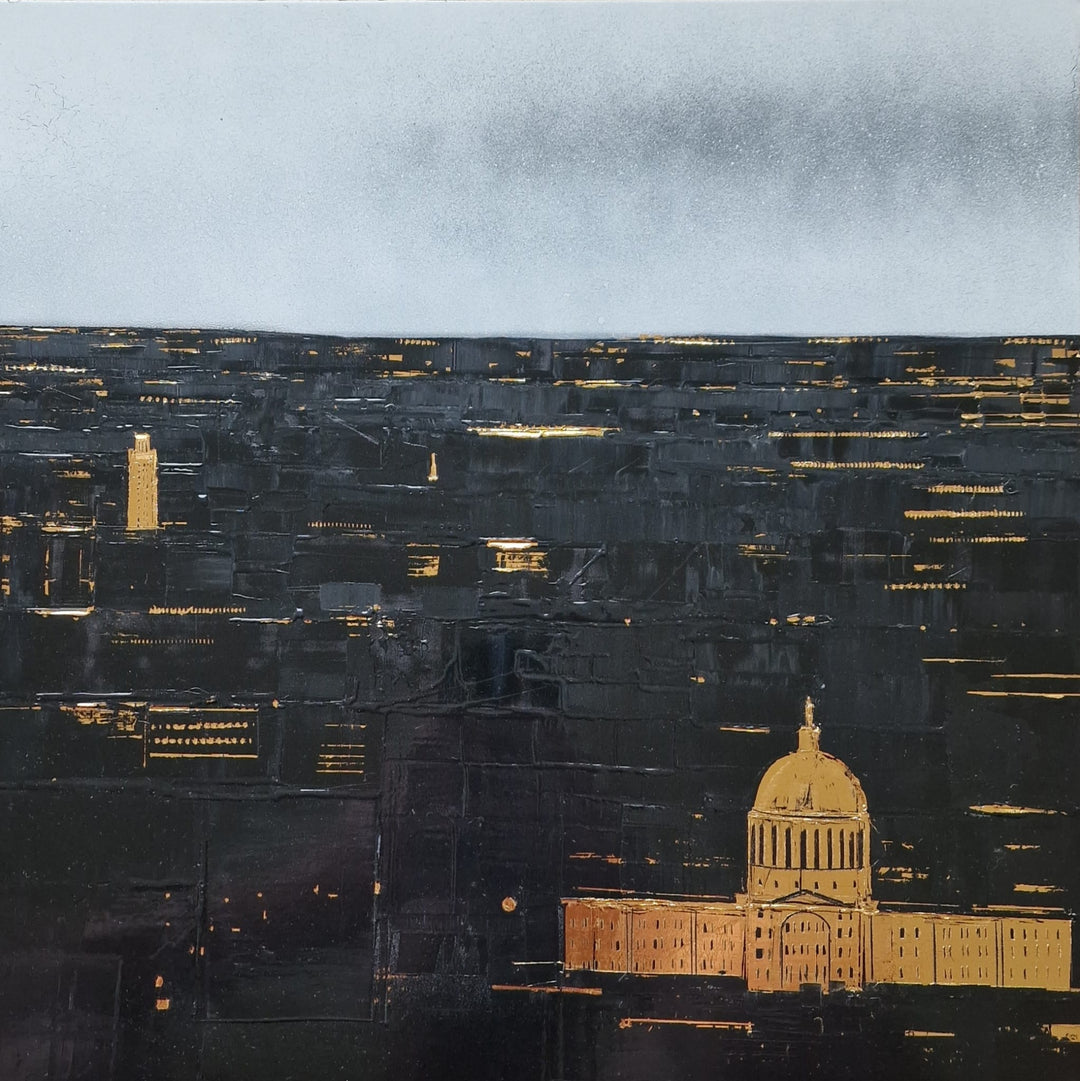 "Austin" by French artist Julien Rey — a mixed-media painting of the Austin, Texas skyline crafted with Chinese lacquer and gold leaf on canvas. The Texas State Capitol and University of Texas Tower emerge from a richly textured nocturnal cityscape, with horizontal gold leaf striations evoking glittering city lights. A pale blue-gray sky with soft silver clouds completes the composition. Original contemporary cityscape painting available at Morton Contemporary gallery.