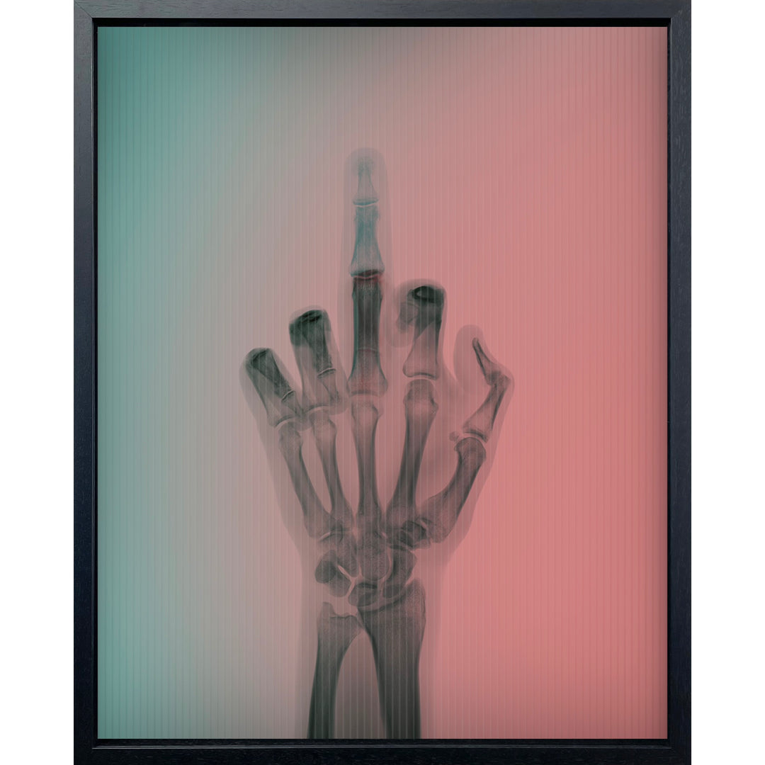 x ray photography middle finger going up and down with background changing color from blue to red
