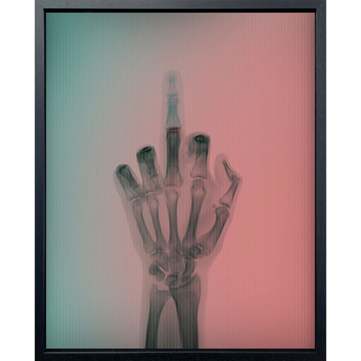 x ray photography middle finger going up and down with background changing color from blue to red
