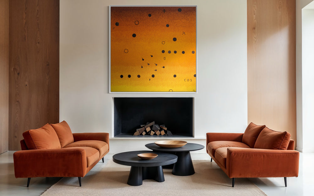 60"x60" abstract piece using crushed volcanic rock and acrylic paint with abstract forms over an orange ombré background. 