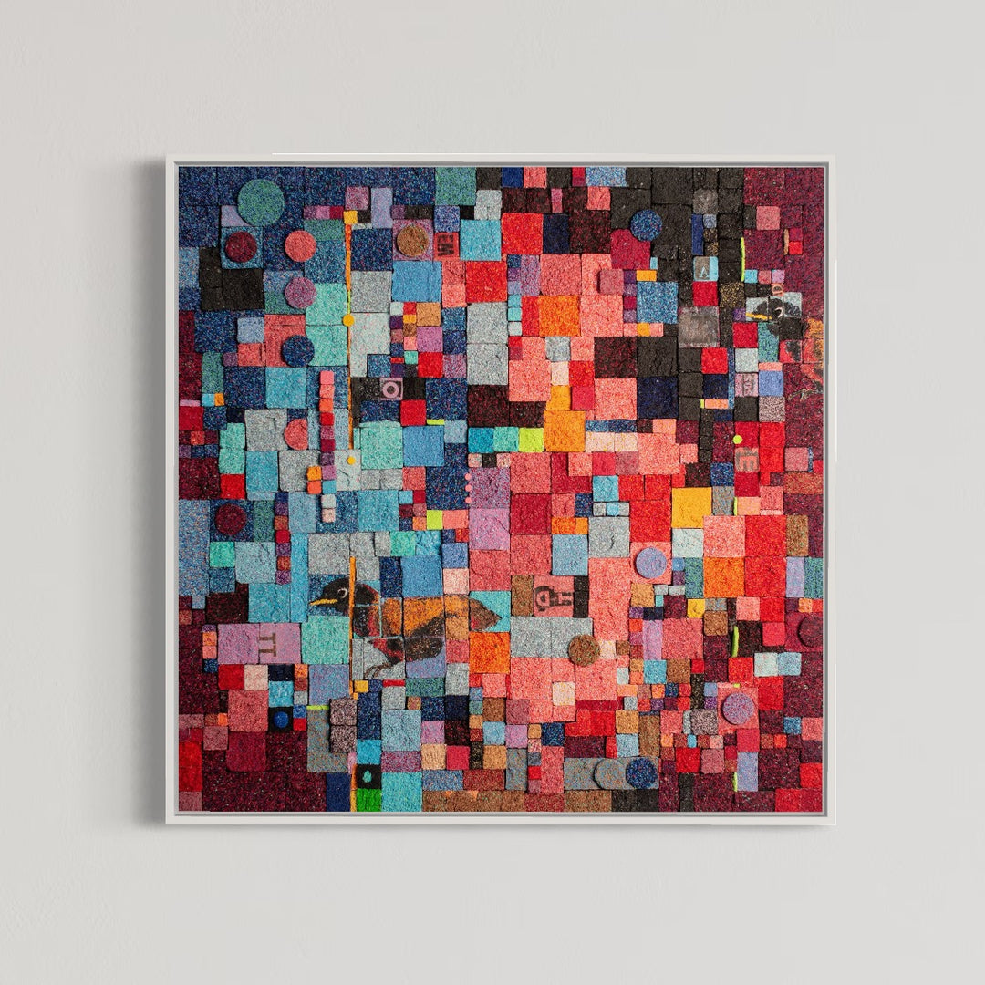 30"x30" abstract piece using crushed volcanic rock and acrylic paint with an abstract colorful geometric design.