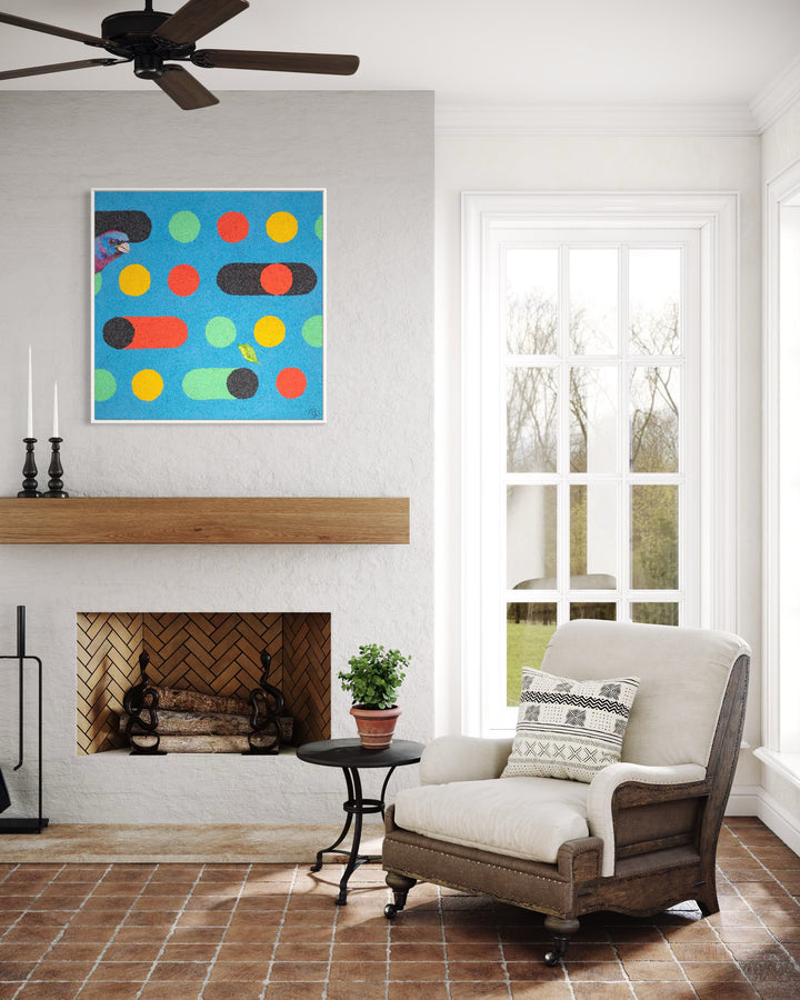 36"x36" abstract piece using crushed volcanic rock and acrylic paint with a bird and abstract forms over a blue background.
