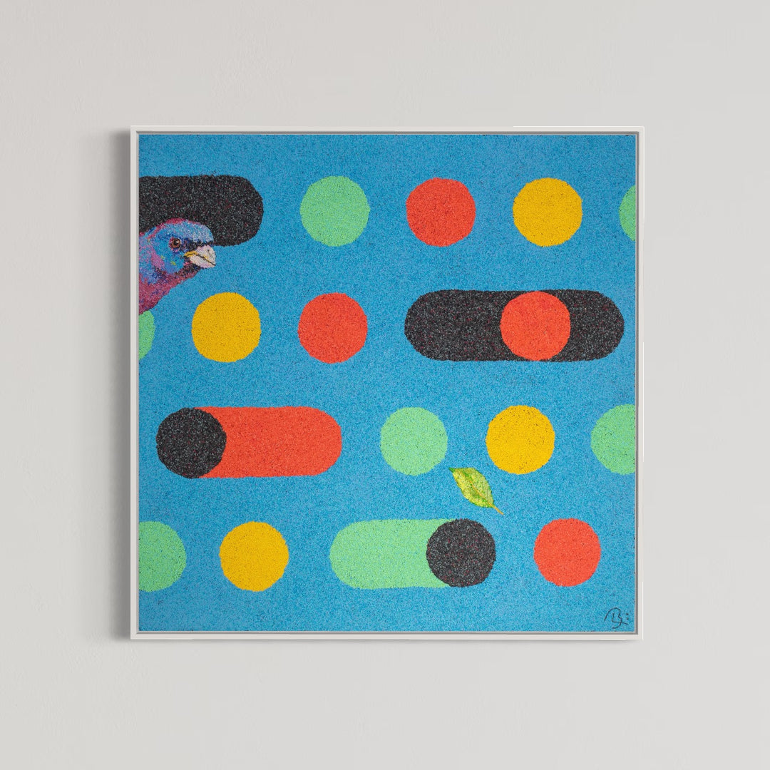 36"x36" abstract piece using crushed volcanic rock and acrylic paint with a bird and abstract forms over a blue background.