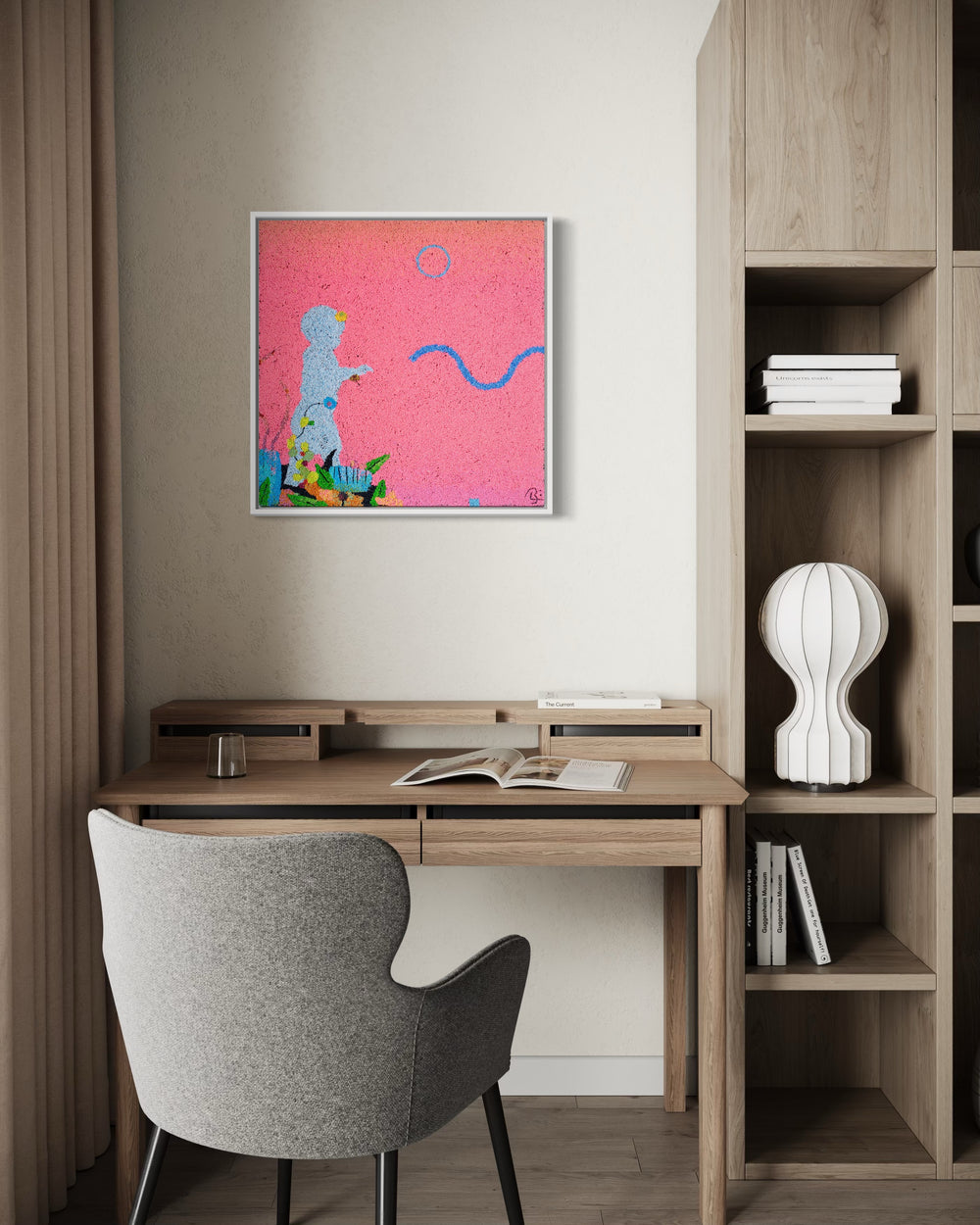 20"x20" abstract piece using crushed volcanic rock and acrylic paint with a child's silhouette and abstract forms over a pink background.  