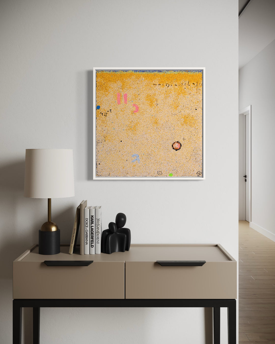 20"x20" abstract piece using crushed volcanic rock and acrylic paint featuring abstract forms over a beige and yellow background. 