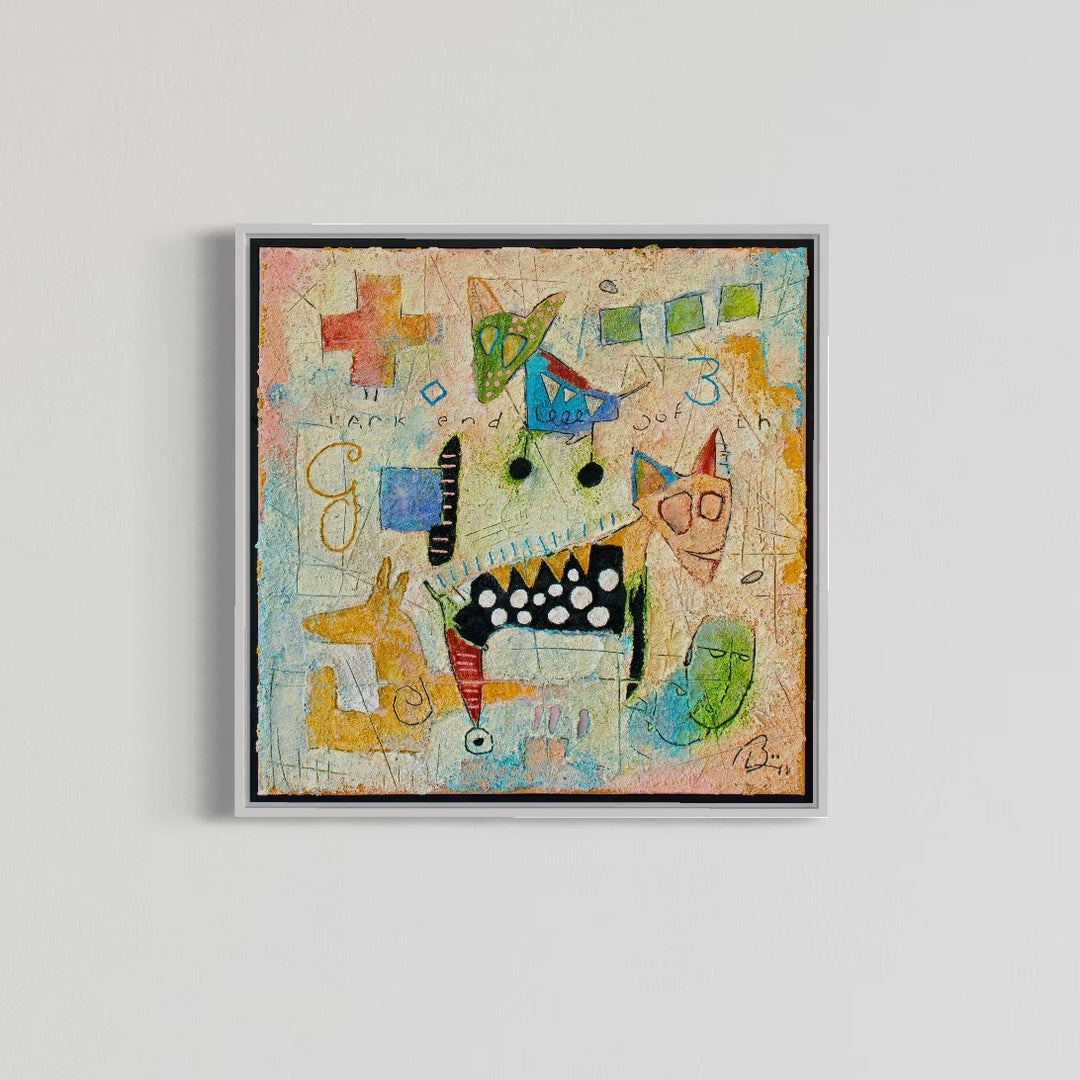 23"x23" abstract piece using crushed volcanic rock and acrylic paint with a cat-like creatures over a multi-color background. 