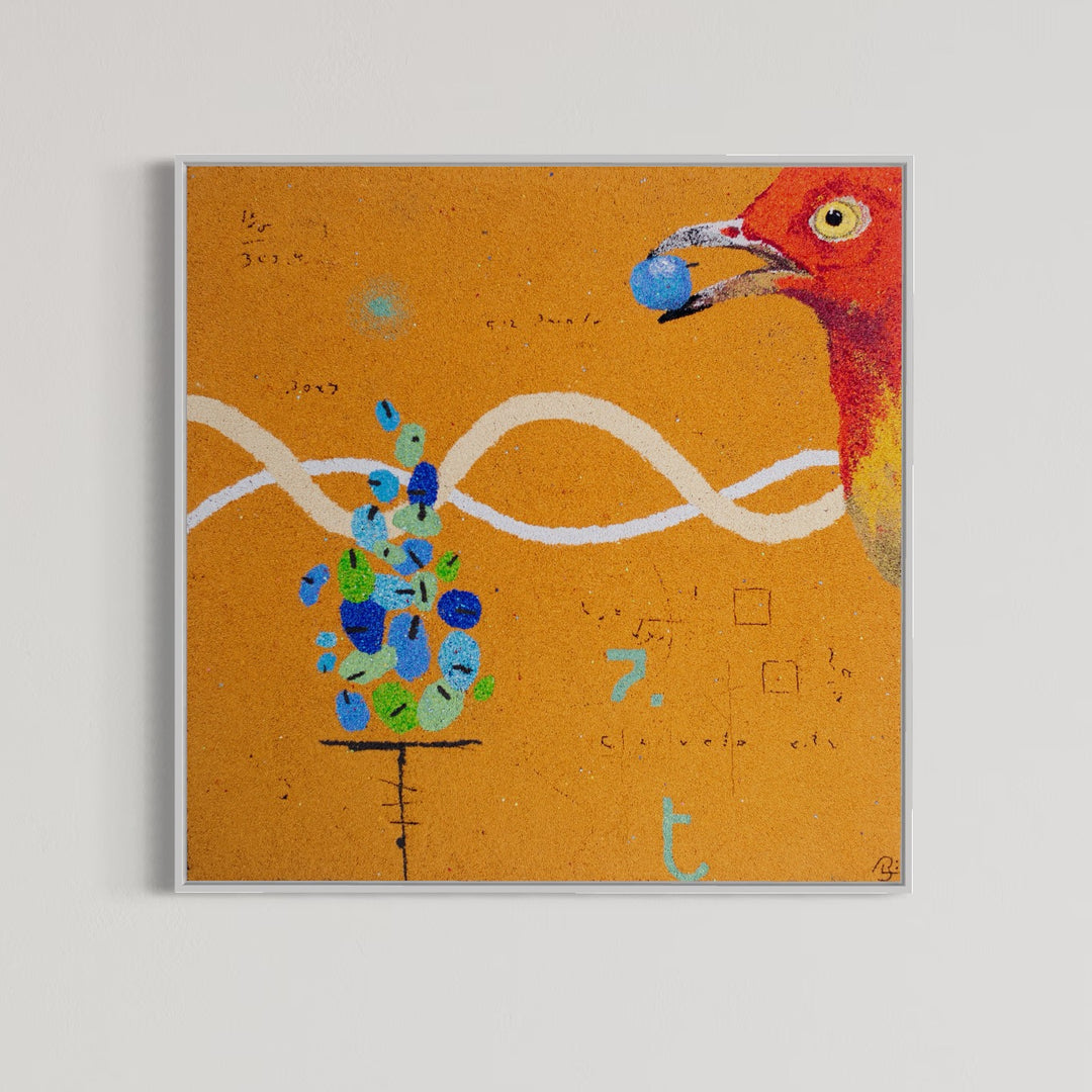 36"x36" abstract piece using crushed volcanic rock and acrylic paint with a bird and abstract forms over a yellow background. 