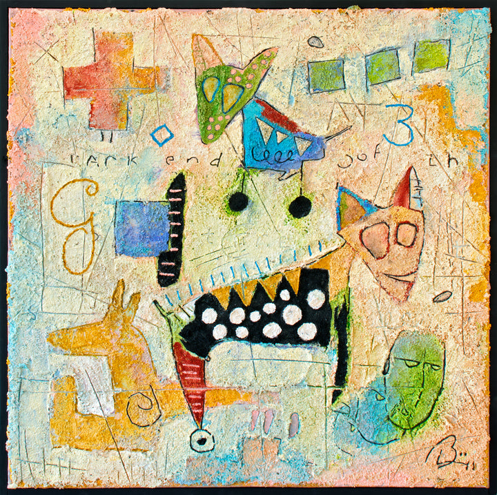 23"x23" abstract piece using crushed volcanic rock and acrylic paint with a cat-like creatures over a multi-color background. 