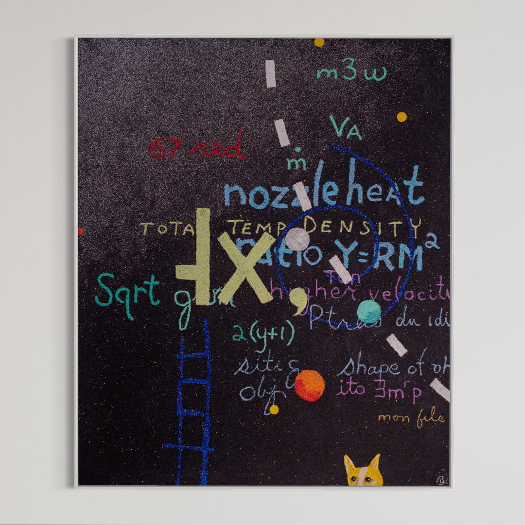 72"x60" abstract piece using crushed volcanic rock and acrylic paint with lettering over a black background.