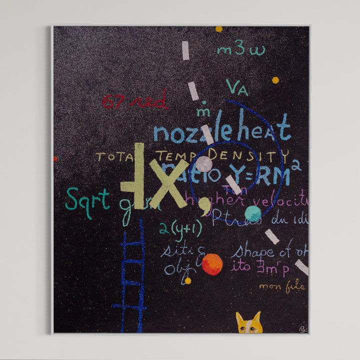 72"x60" abstract piece using crushed volcanic rock and acrylic paint with lettering over a black background.