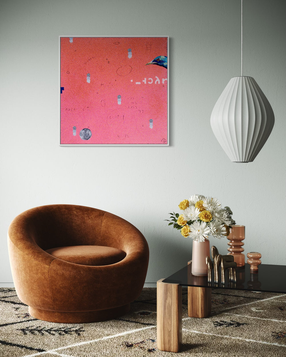 36"x36" abstract piece using crushed volcanic rock and acrylic paint with a bird and abstract forms over a pink and orange background. 