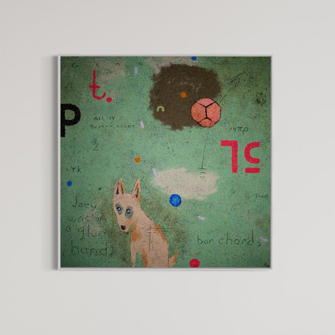 48"x48" abstract piece using crushed volcanic rock and acrylic paint featuring a dog and other details over an aqua background.