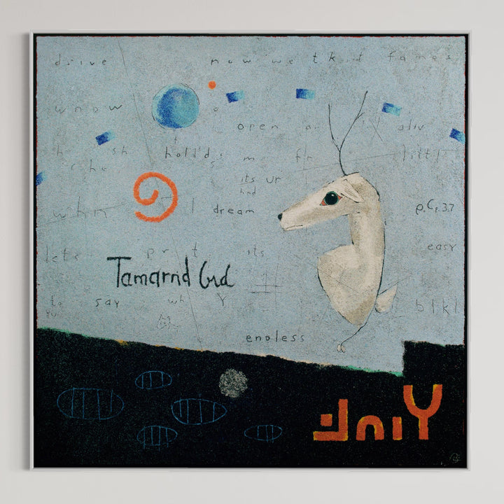 72"x72" abstract piece using crushed volcanic rock and acrylic paint featuring a white creature over a light blue background.  