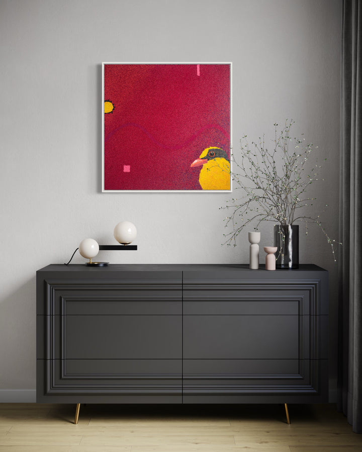 30"x30" abstract piece using crushed volcanic rock and acrylic paint with a bird and abstract forms over a red background. 